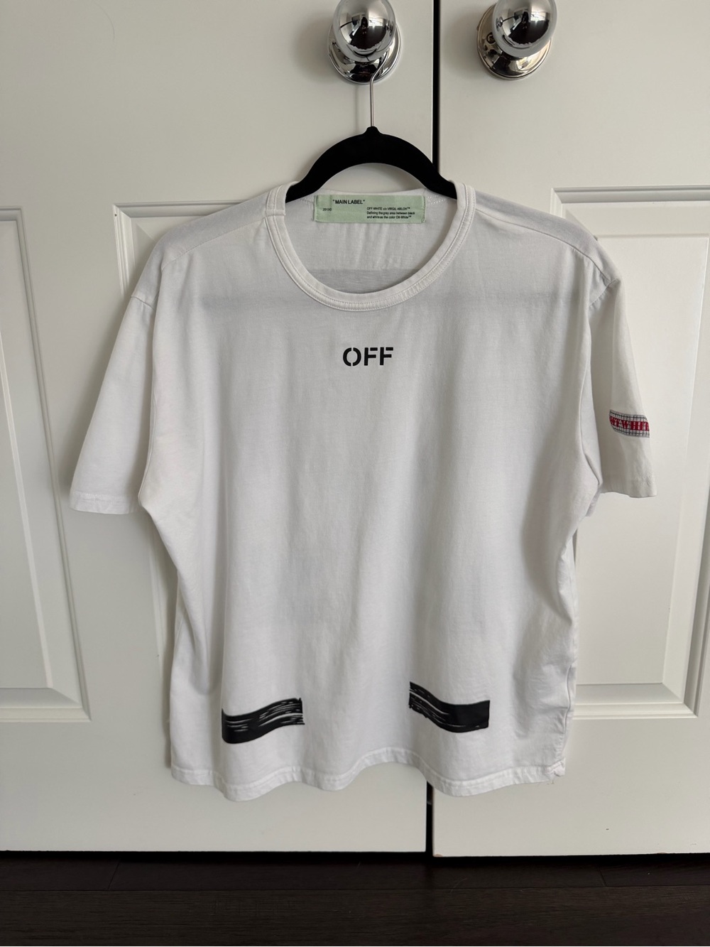Off-White White Short Sleeve Tee with Black Brushstroke Accents